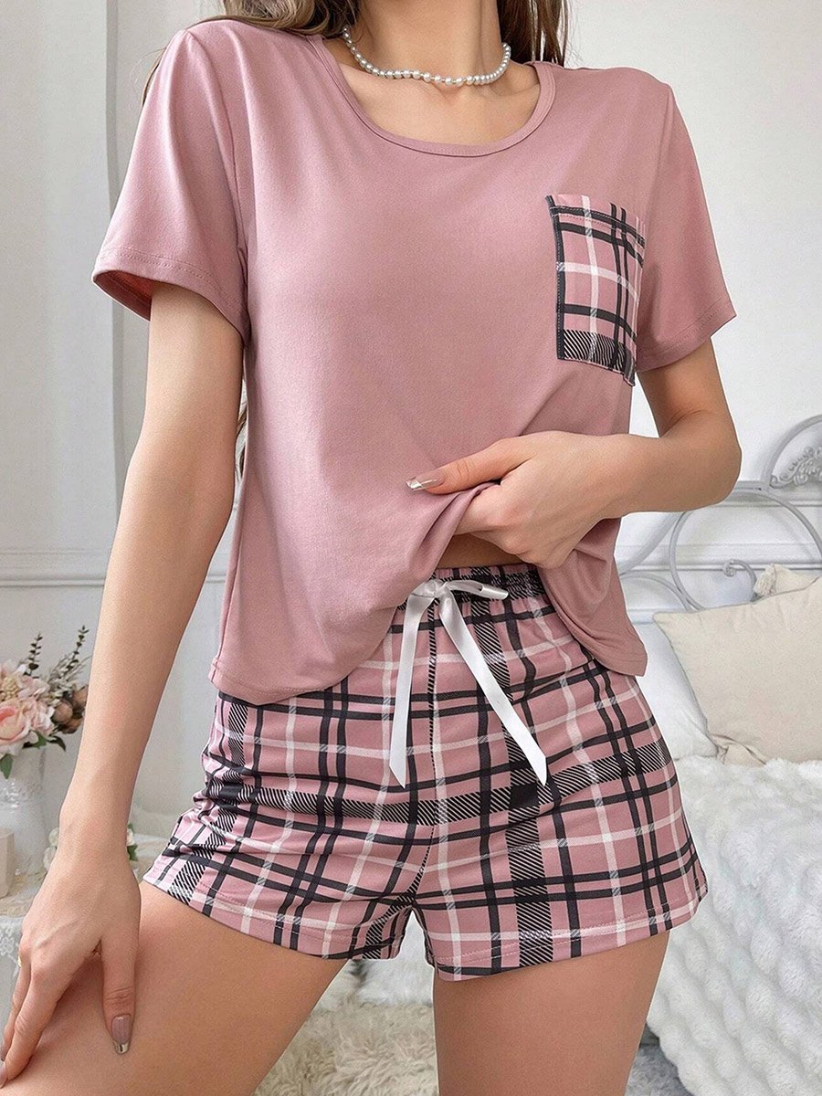 Pink Plaid Pocket Print T-Shirt and Shorts Set