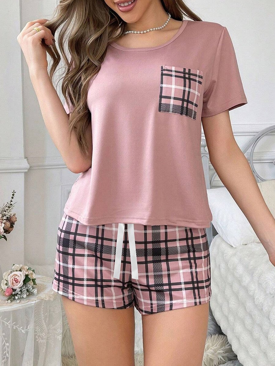 Pink Plaid Pocket Print T-Shirt and Shorts Set