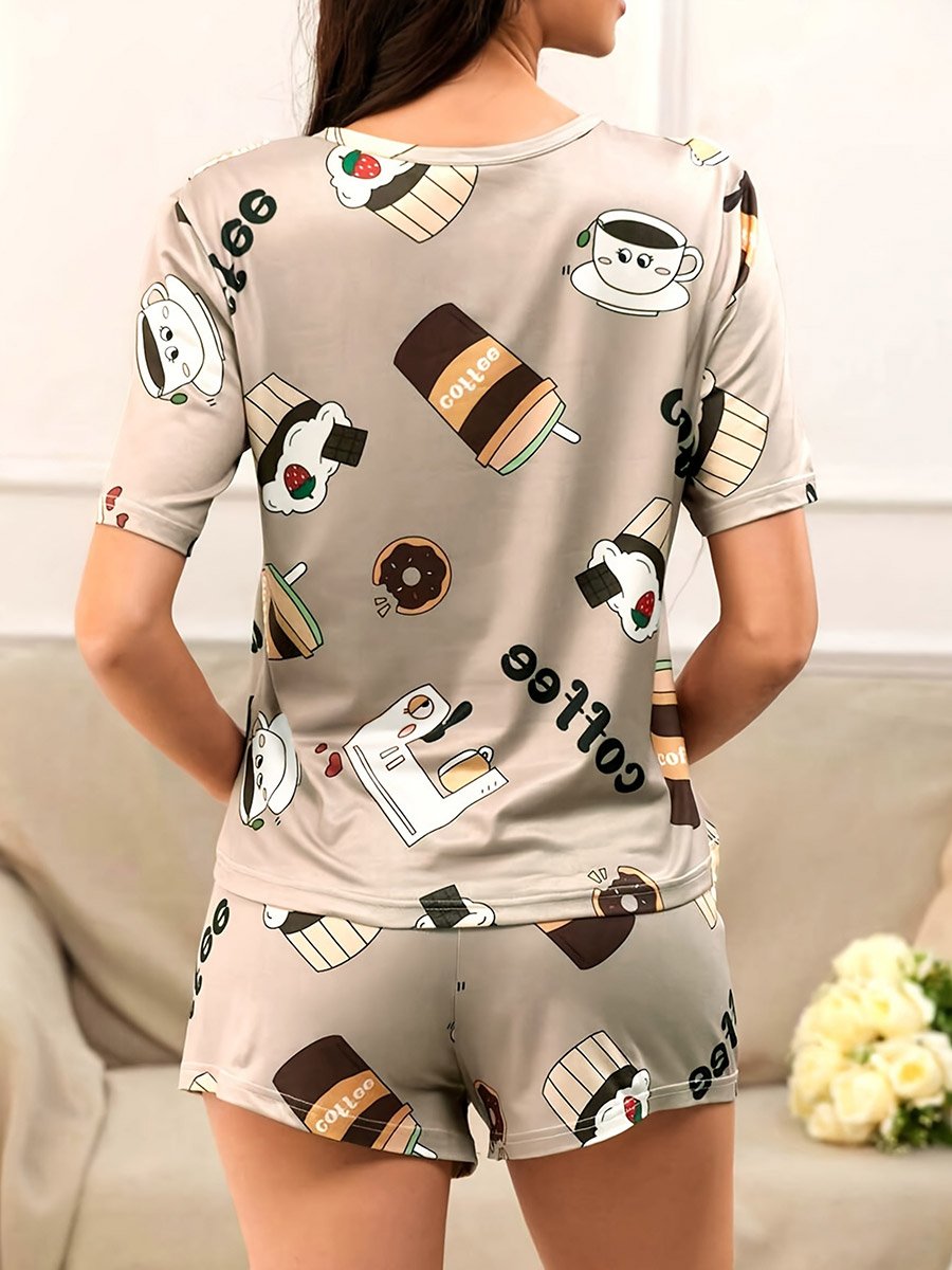 Beige Coffee Graphic T-Shirt and Shorts Set
