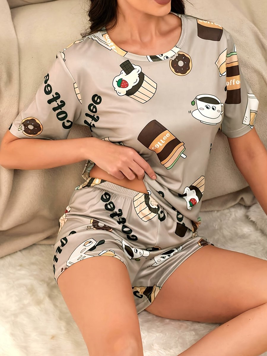 Beige Coffee Graphic T-Shirt and Shorts Set