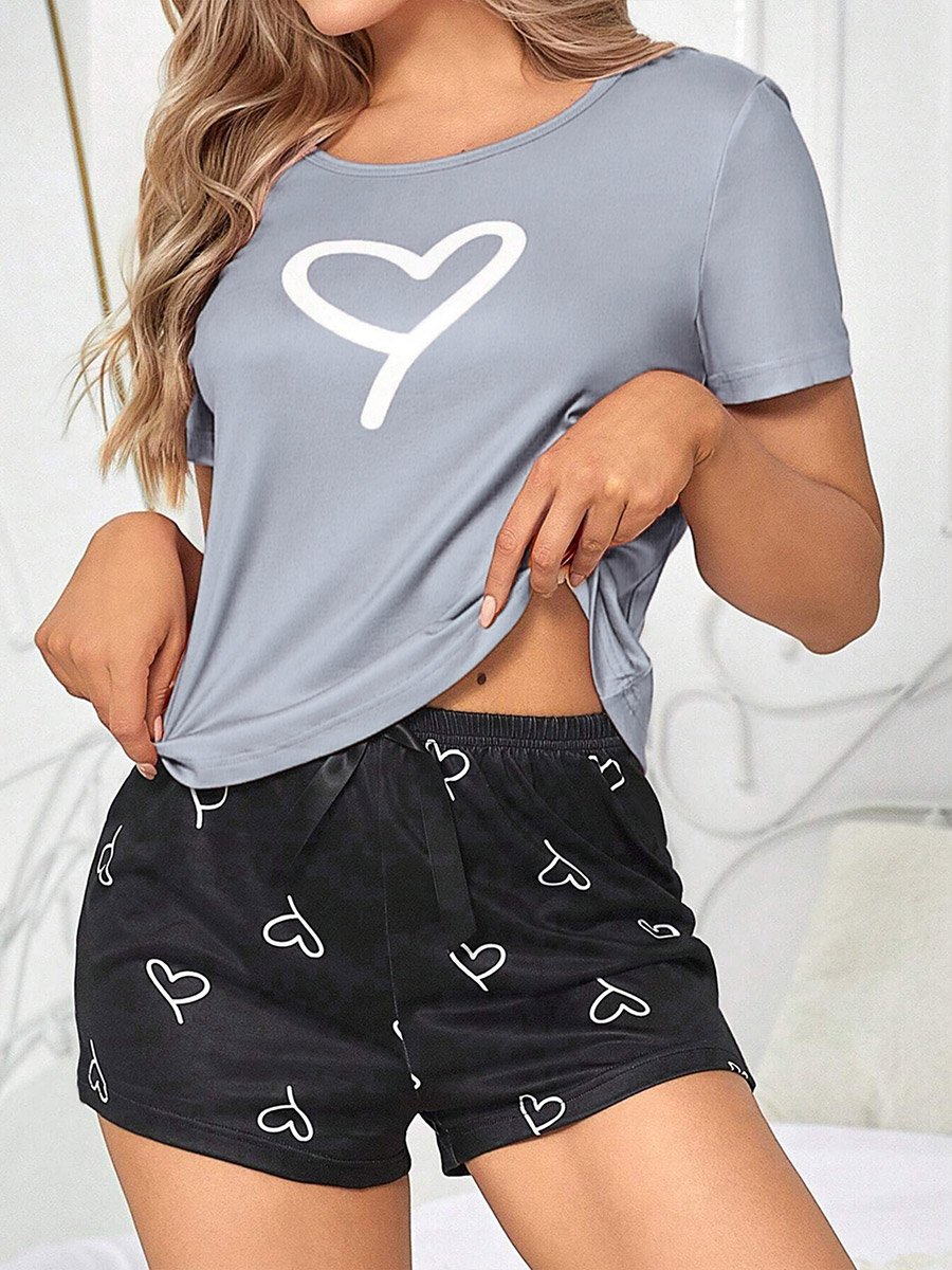 Heart Print Round Neck T-Shirt and Shorts Set