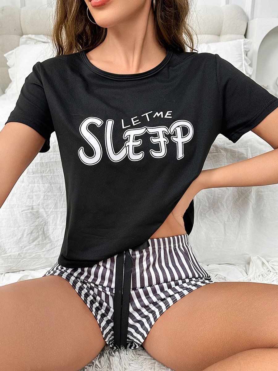 Black Text Print T-Shirt and Striped Shorts Set