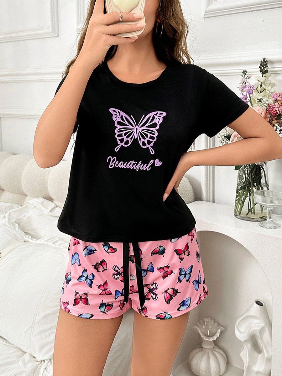 Black Butterfly Print T-Shirt and Shorts Set