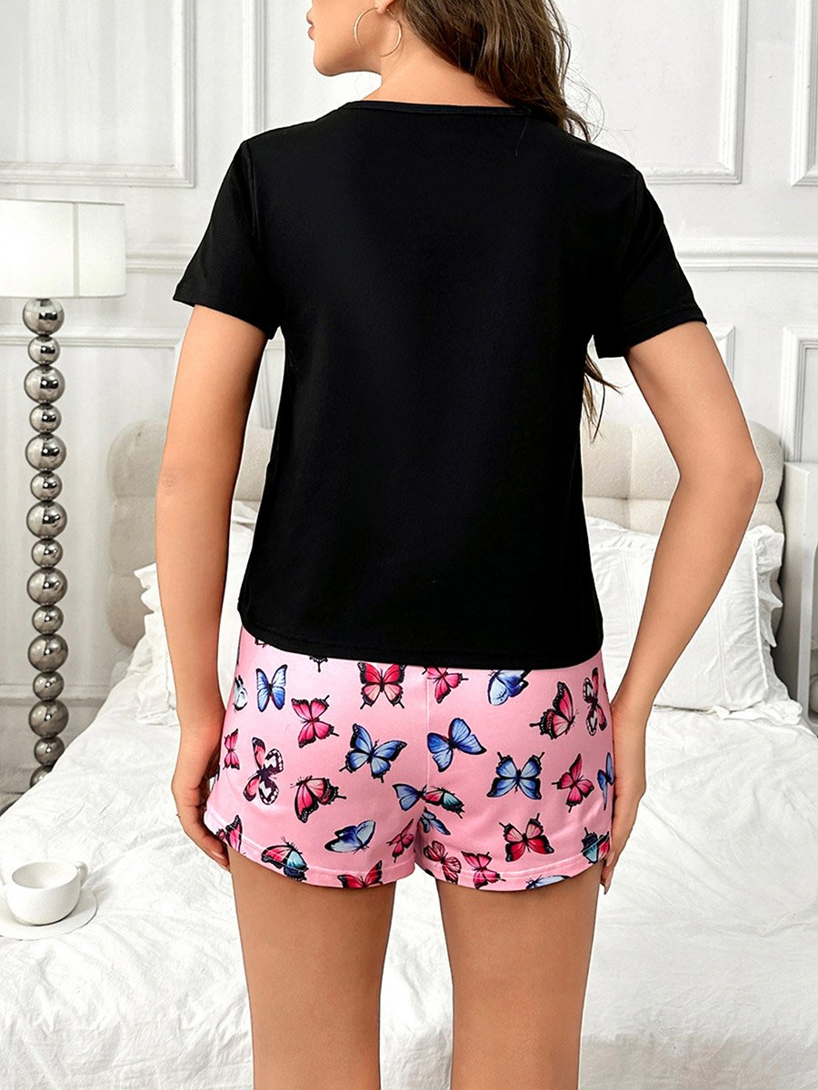 Black Butterfly Print T-Shirt and Shorts Set