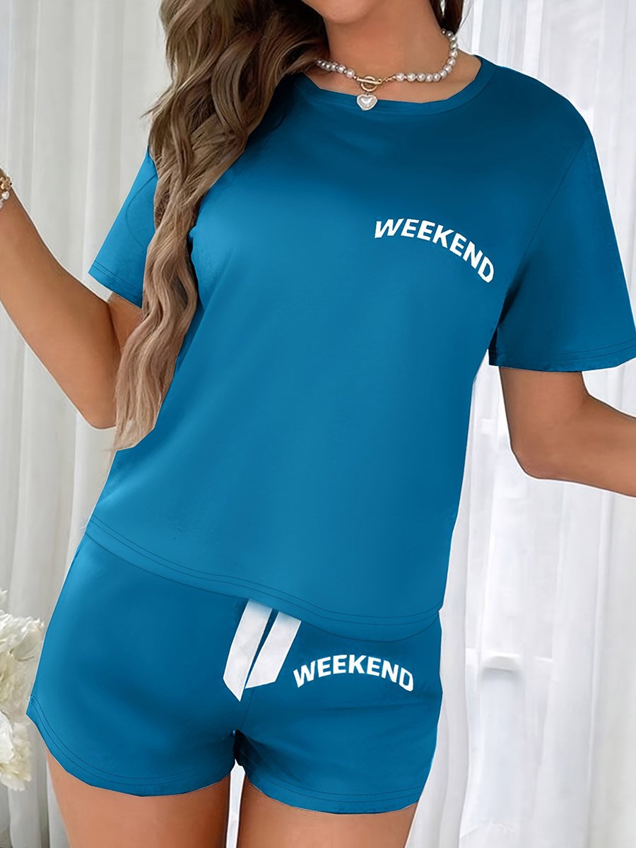 Blue Slogan Text Print T-Shirt and Shorts Set