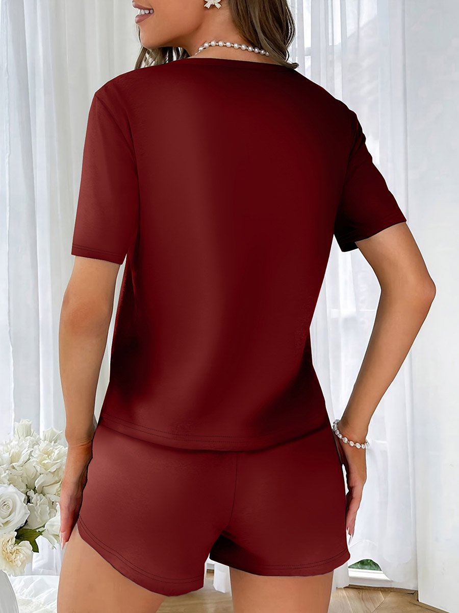 Burgundy Slogan Text Print T-Shirt and Shorts Set