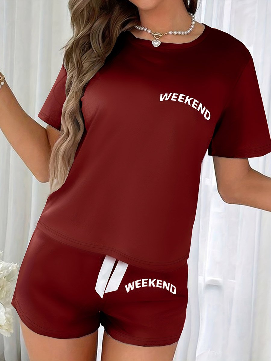 Burgundy Slogan Text Print T-Shirt and Shorts Set