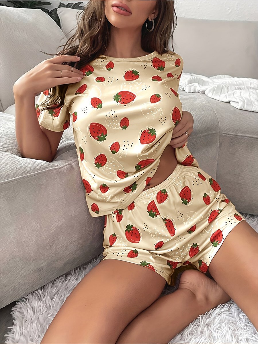 Beige Strawberry Print T-Shirt and Shorts Set