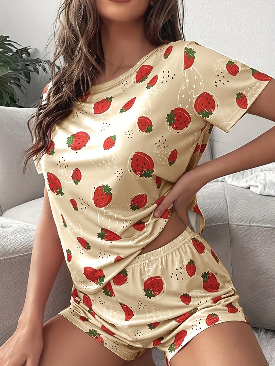 Beige Strawberry Print T-Shirt and Shorts Set