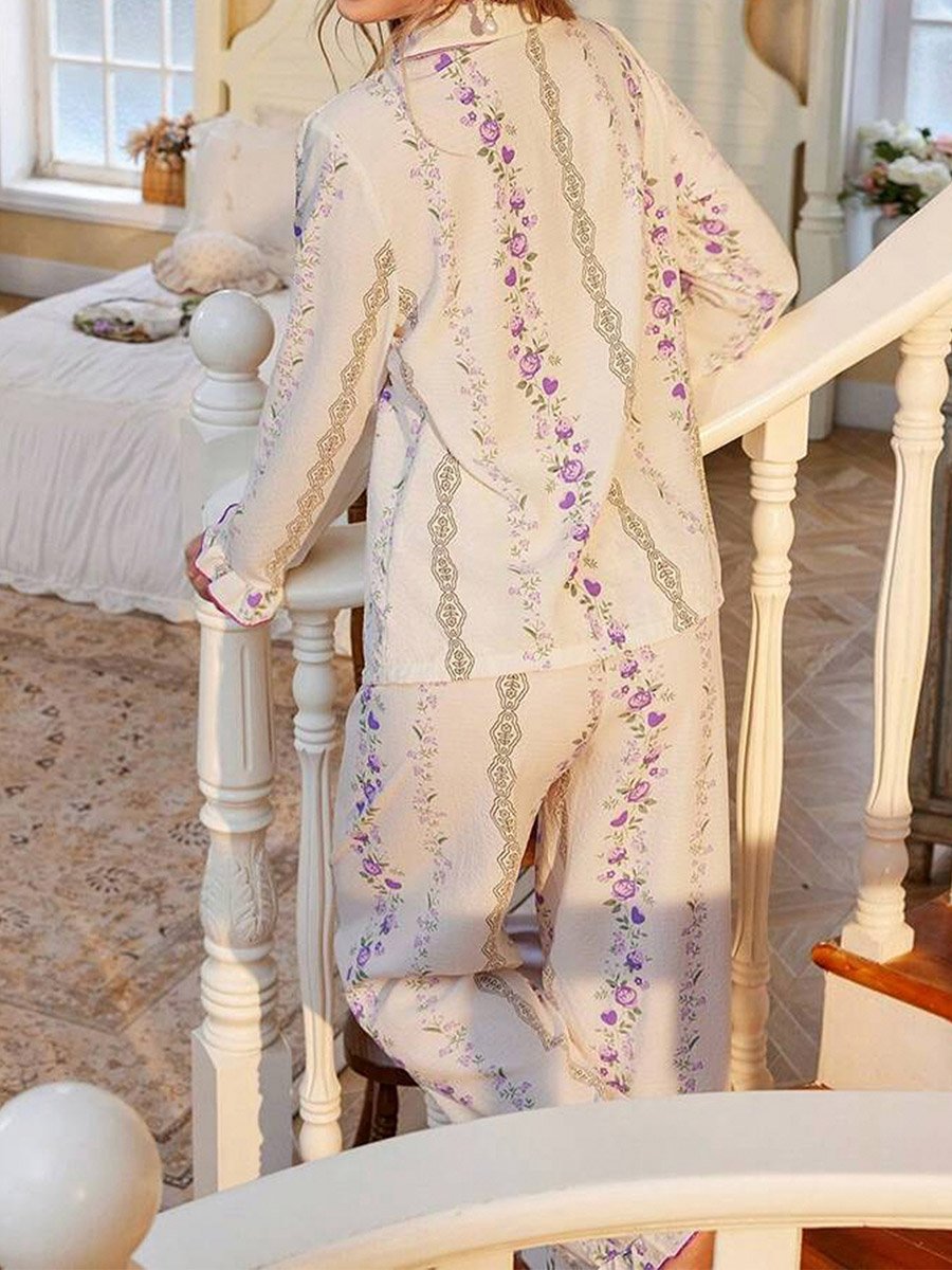 Lilac Floral Print Shirt and Ruffle Hem Pyjama Set
