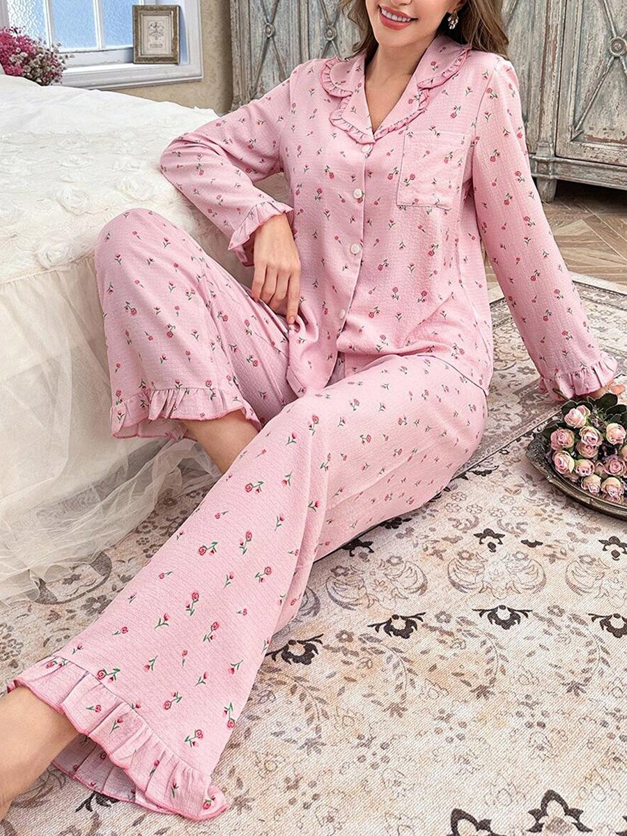 Pink Floral Print Shirt and Ruffle Hem Pyjama Set