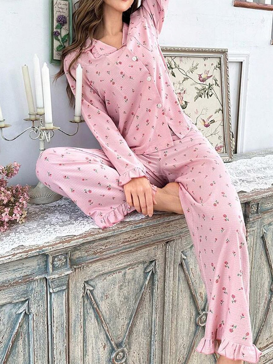 Pink Floral Print Shirt and Ruffle Hem Pyjama Set
