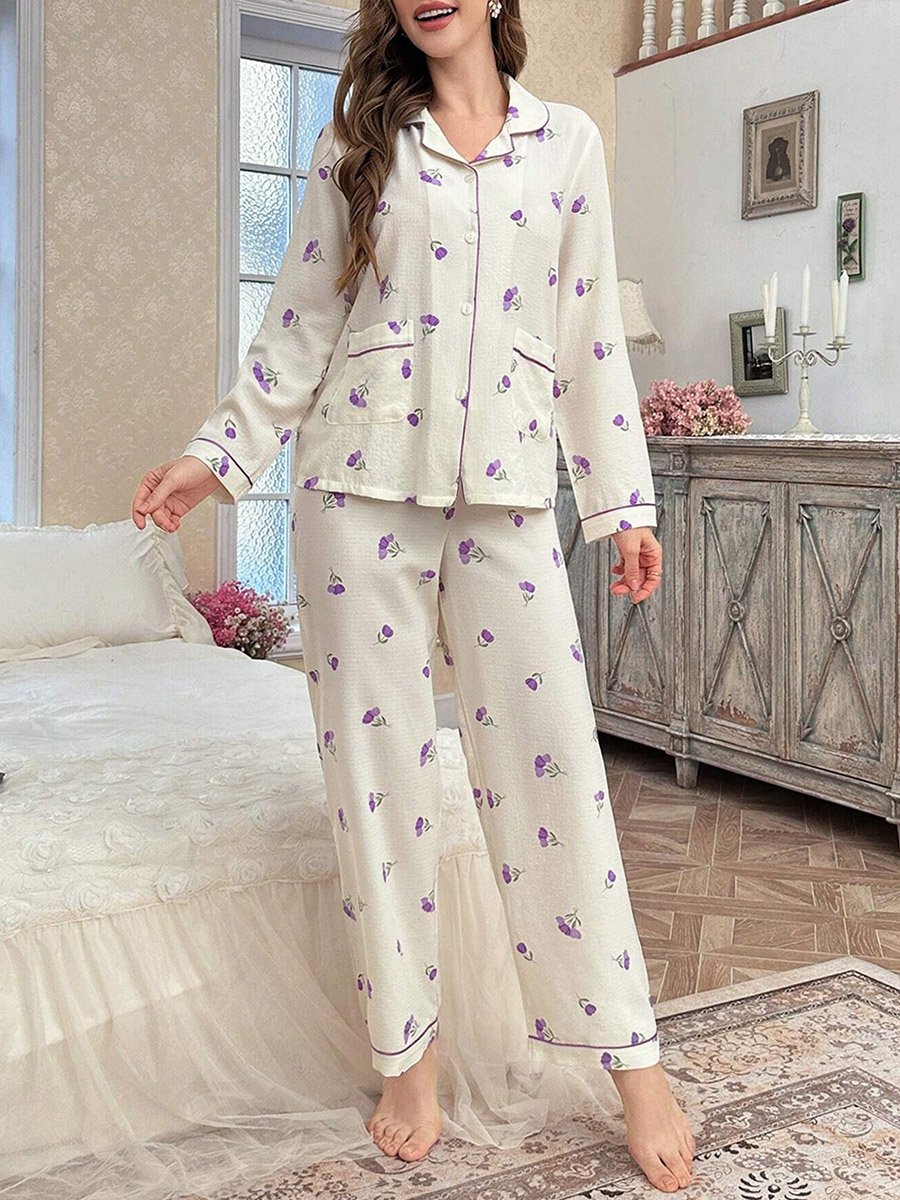 Cream Floral Print Shirt and Pyjama Set