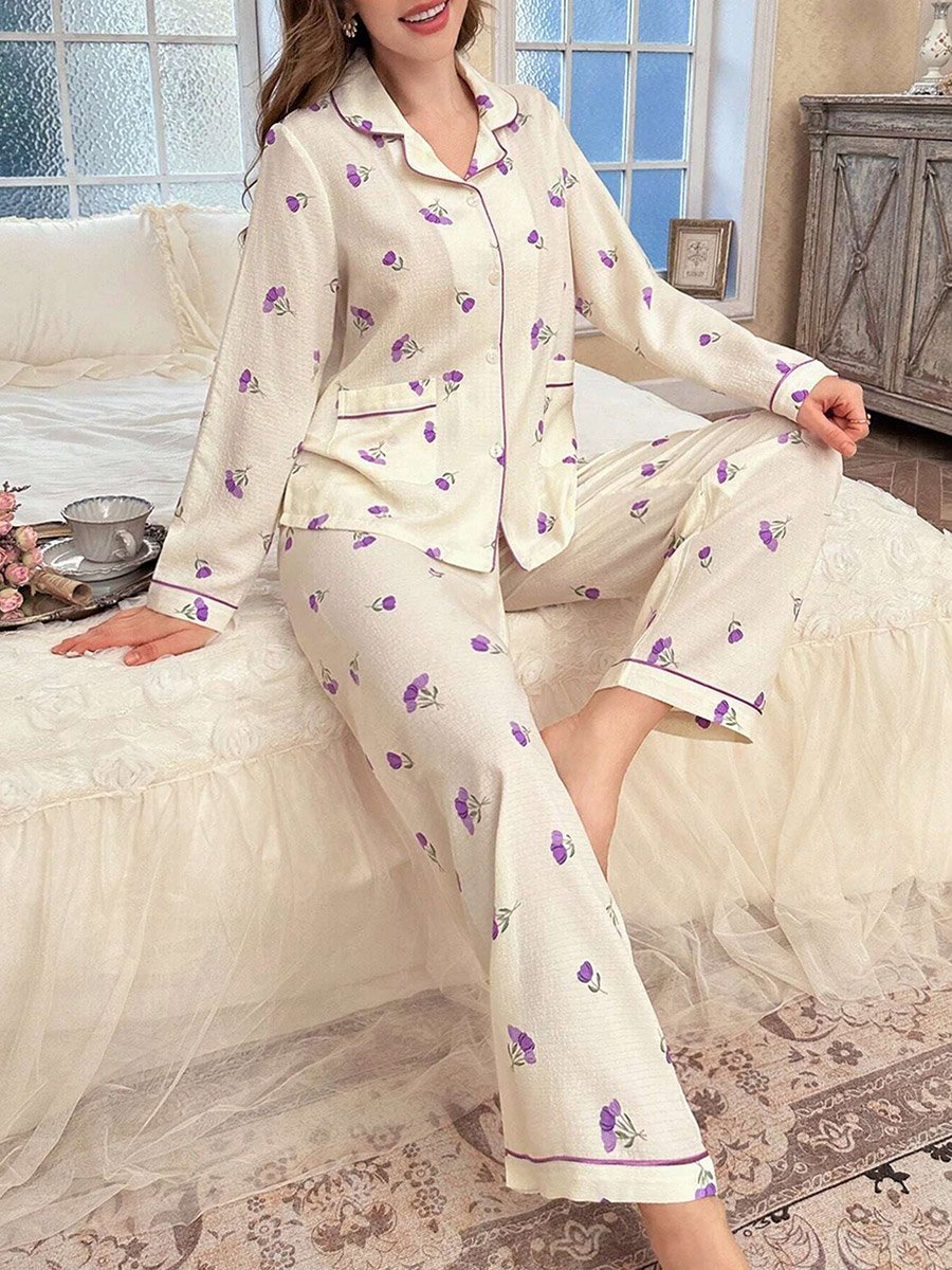 Cream Floral Print Shirt and Pyjama Set