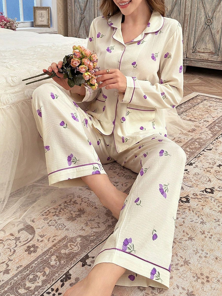 Cream Floral Print Shirt and Pyjama Set
