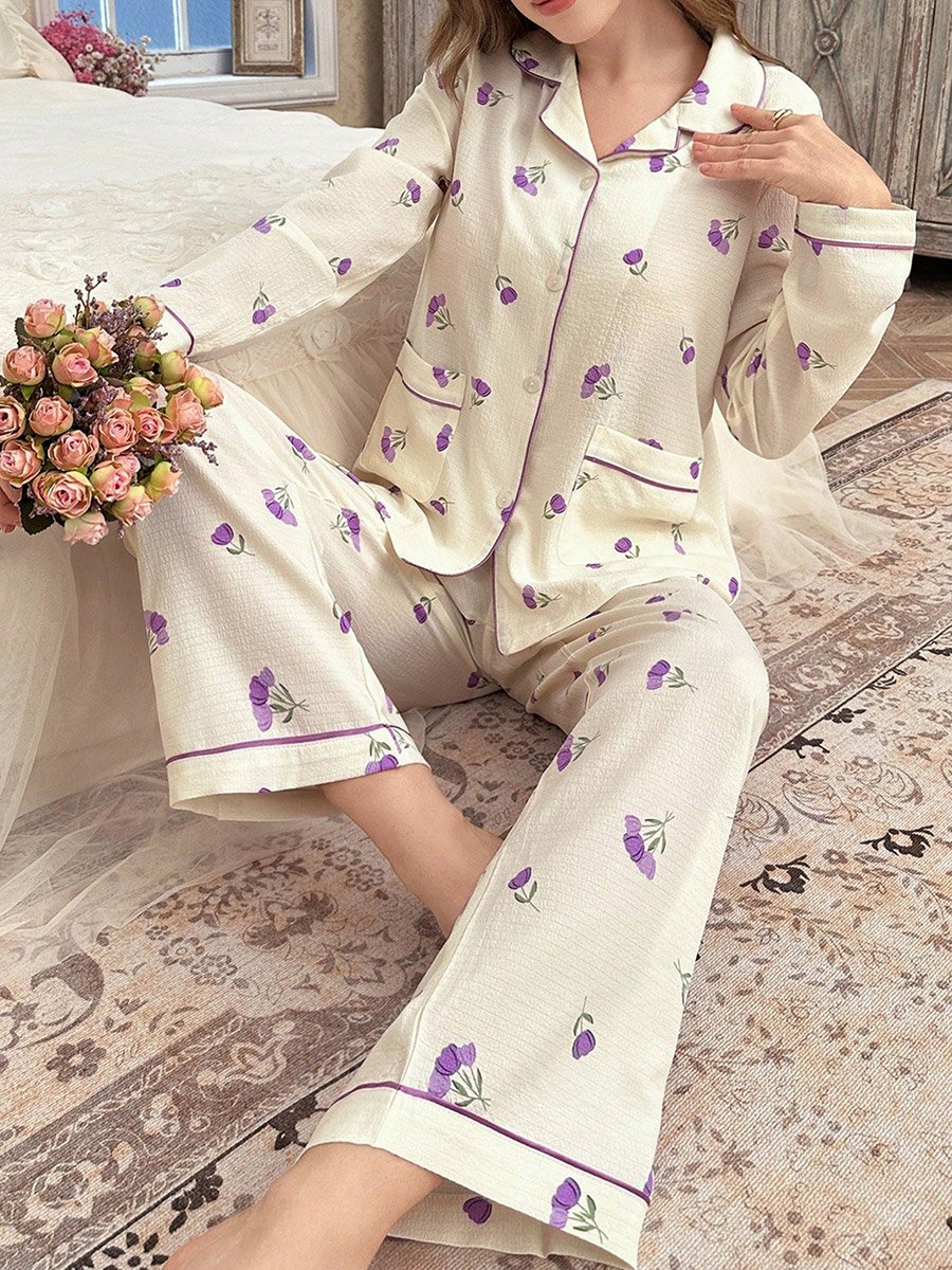Cream Floral Print Shirt and Pyjama Set