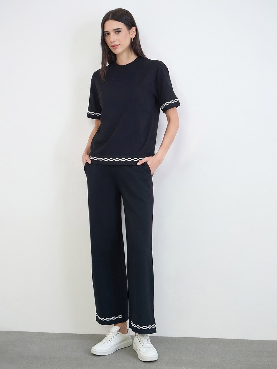 Black Embroidered Hem Wide Leg Joggers