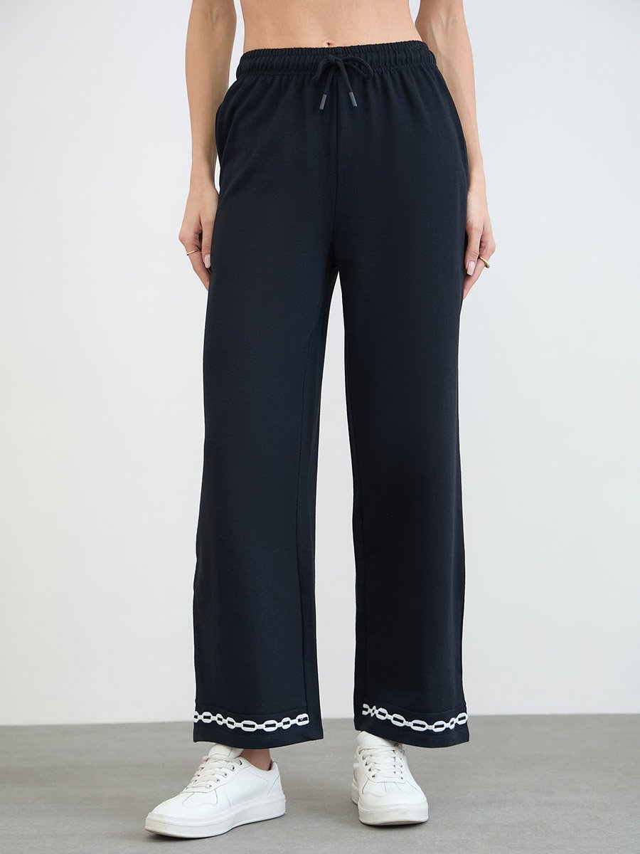 Black Embroidered Hem Wide Leg Joggers