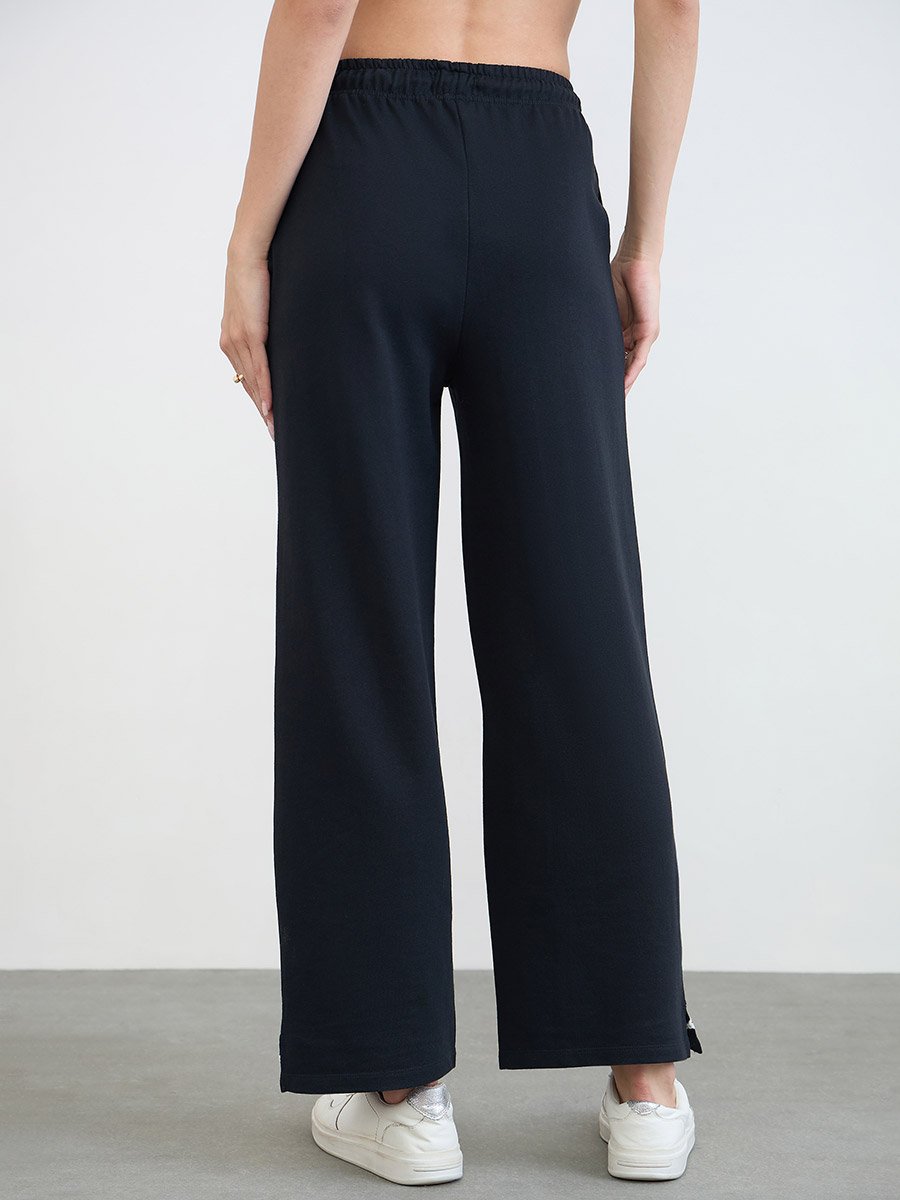 Black Embroidered Hem Wide Leg Joggers