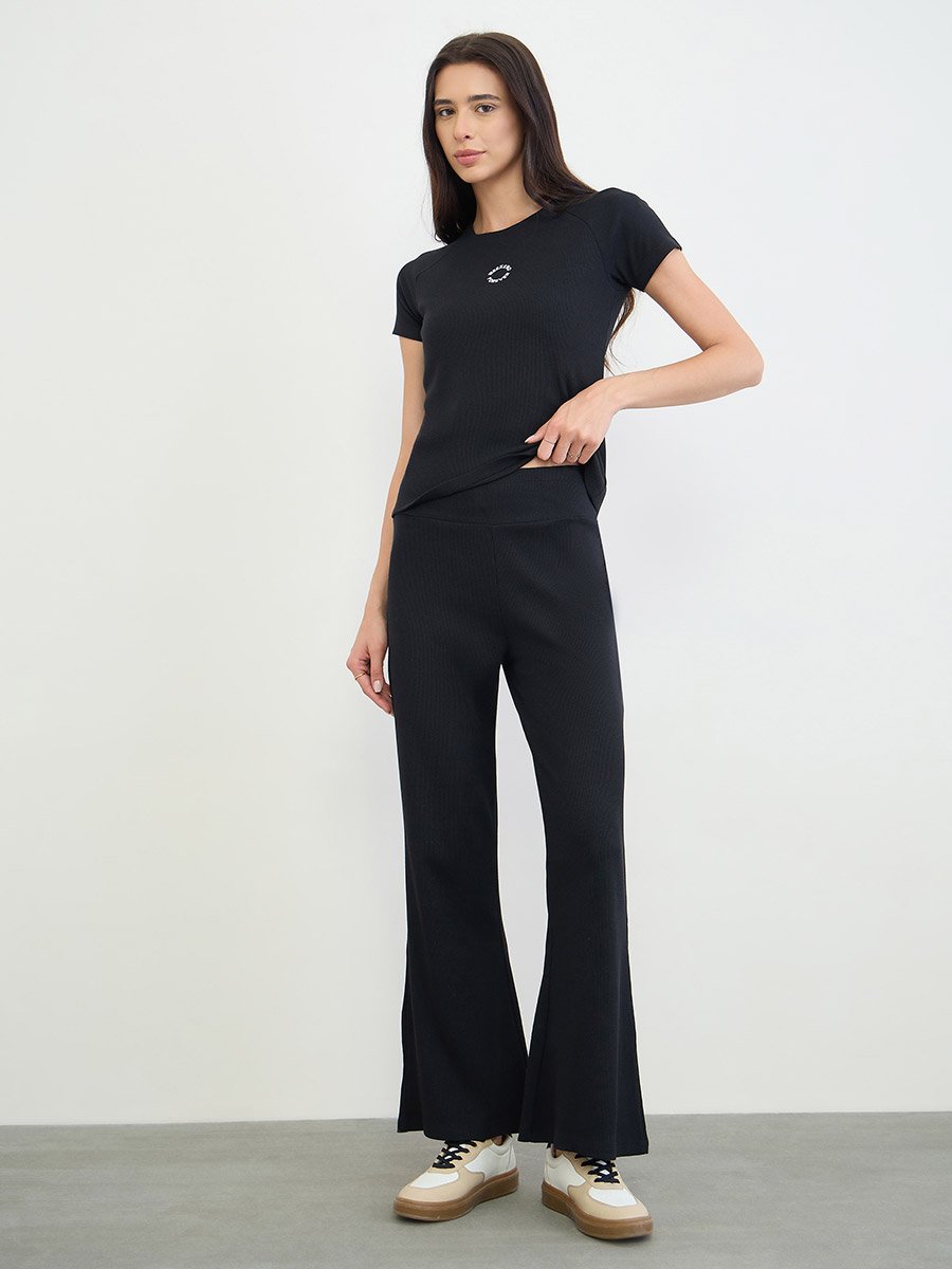Black Ribbed Flared Leggings