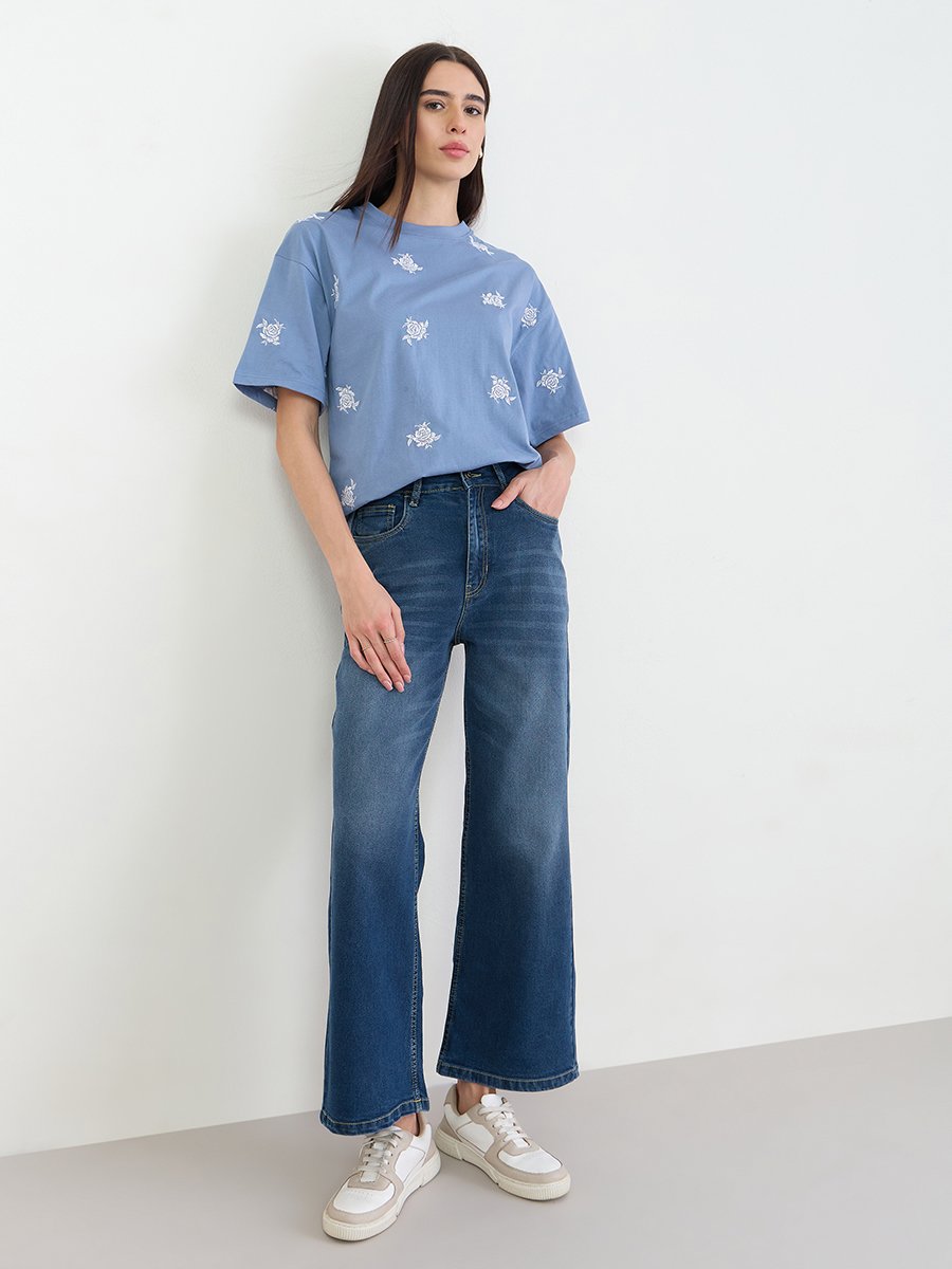 Women Blue High Rise Wide Leg Jeans