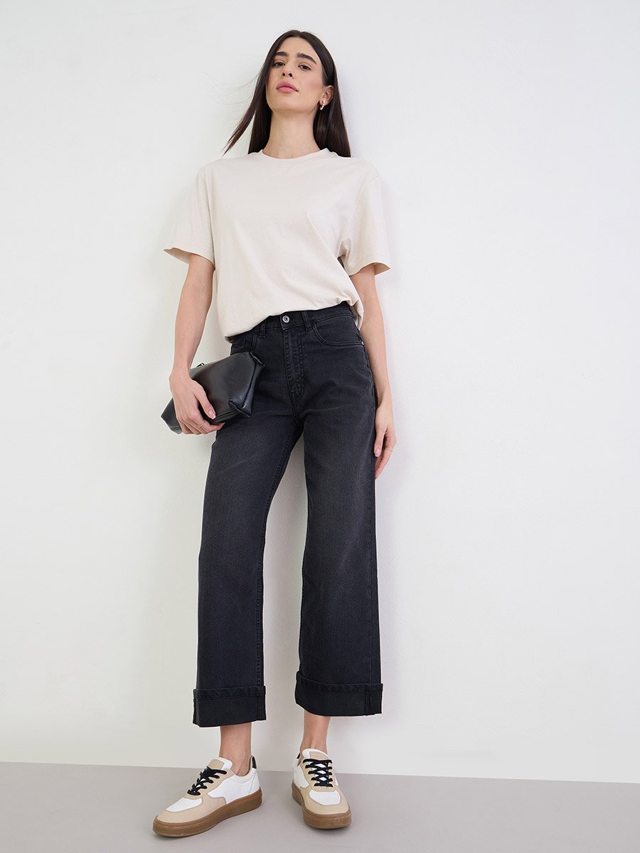 Black Turn-Up Hem Straight Leg Jeans