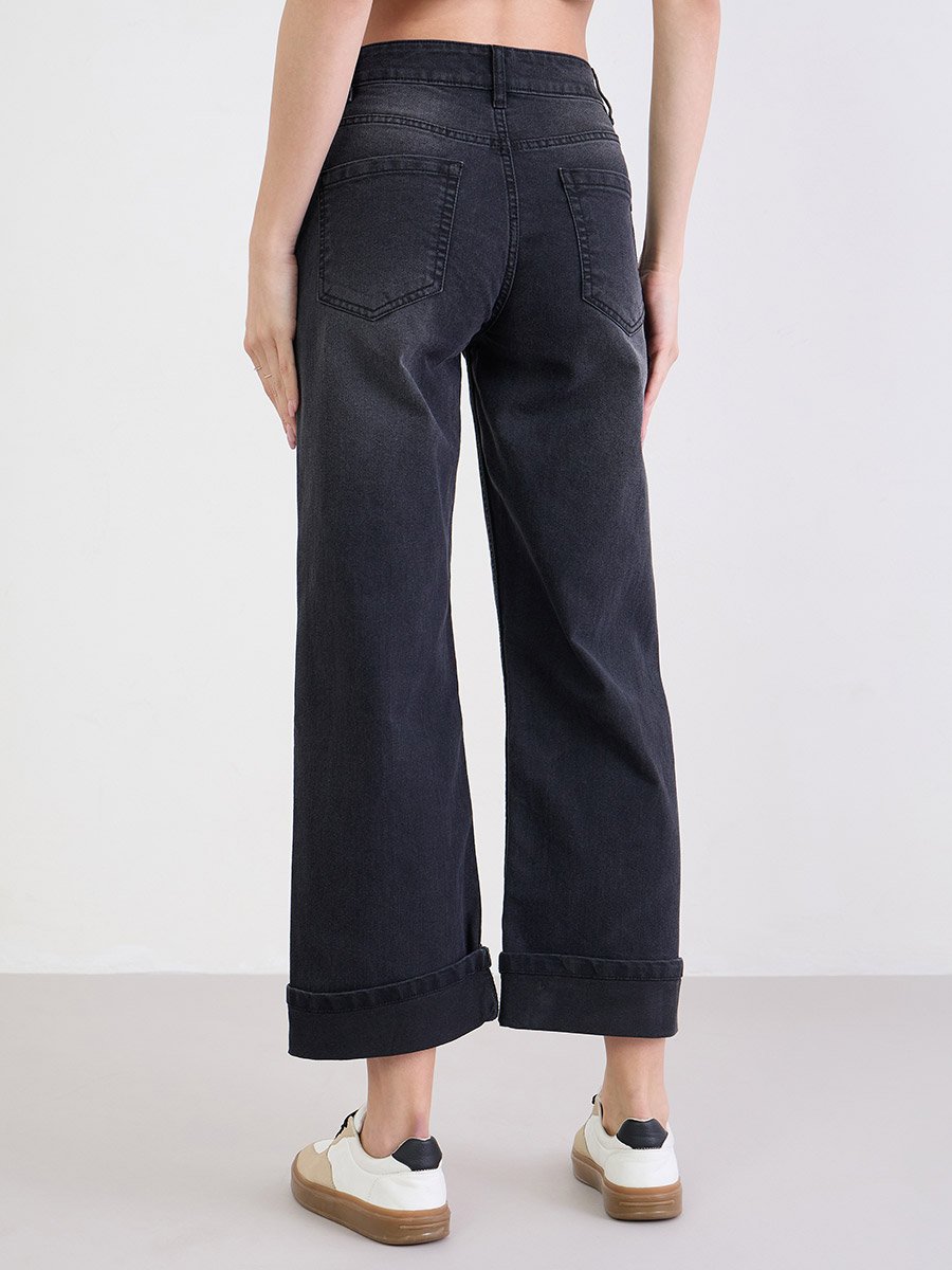 Black Turn-Up Hem Straight Leg Jeans