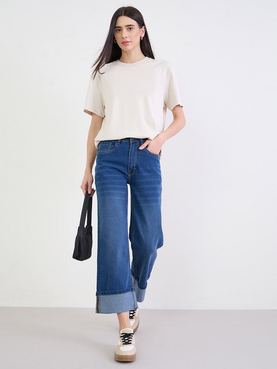 Blue Turn-Up Hem Straight Leg Jeans