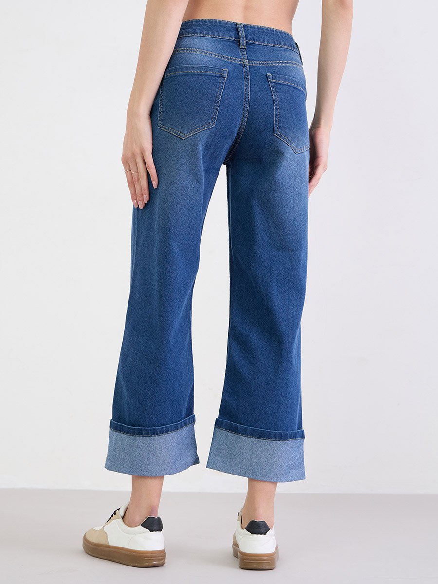 Blue Turn-Up Hem Straight Leg Jeans