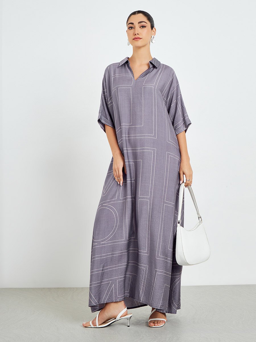Purple Printed Collared A-Line Jalabiya