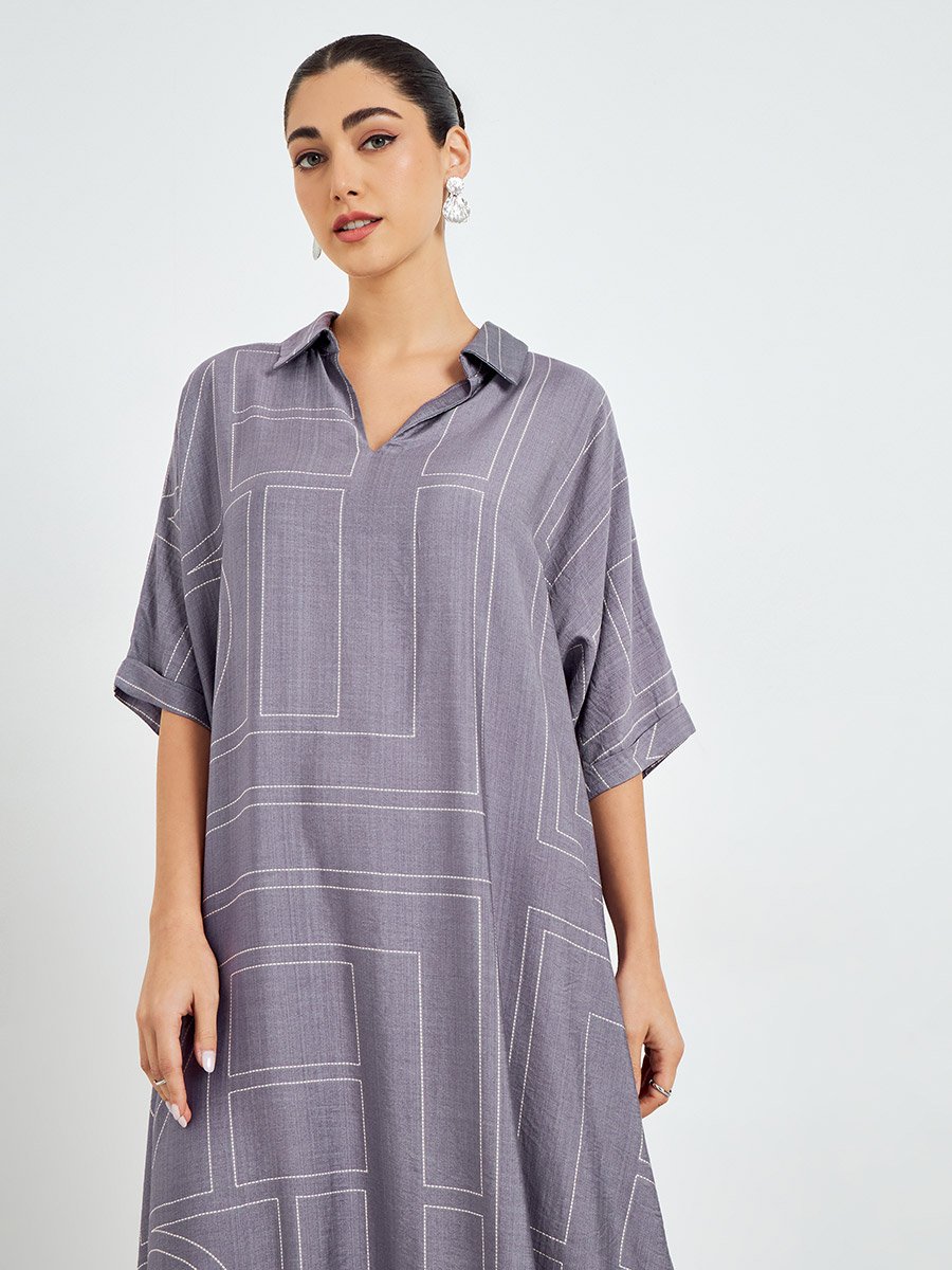 Purple Printed Collared A-Line Jalabiya