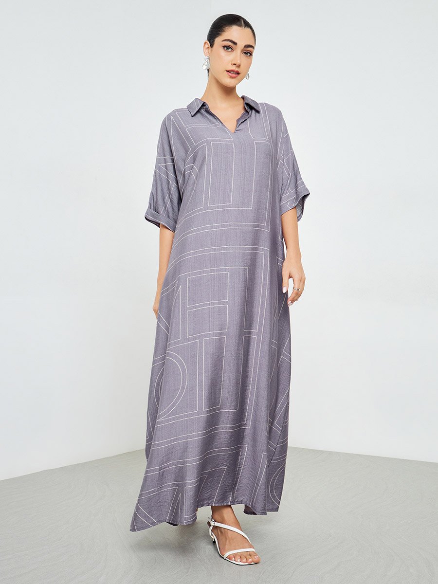 Purple Printed Collared A-Line Jalabiya