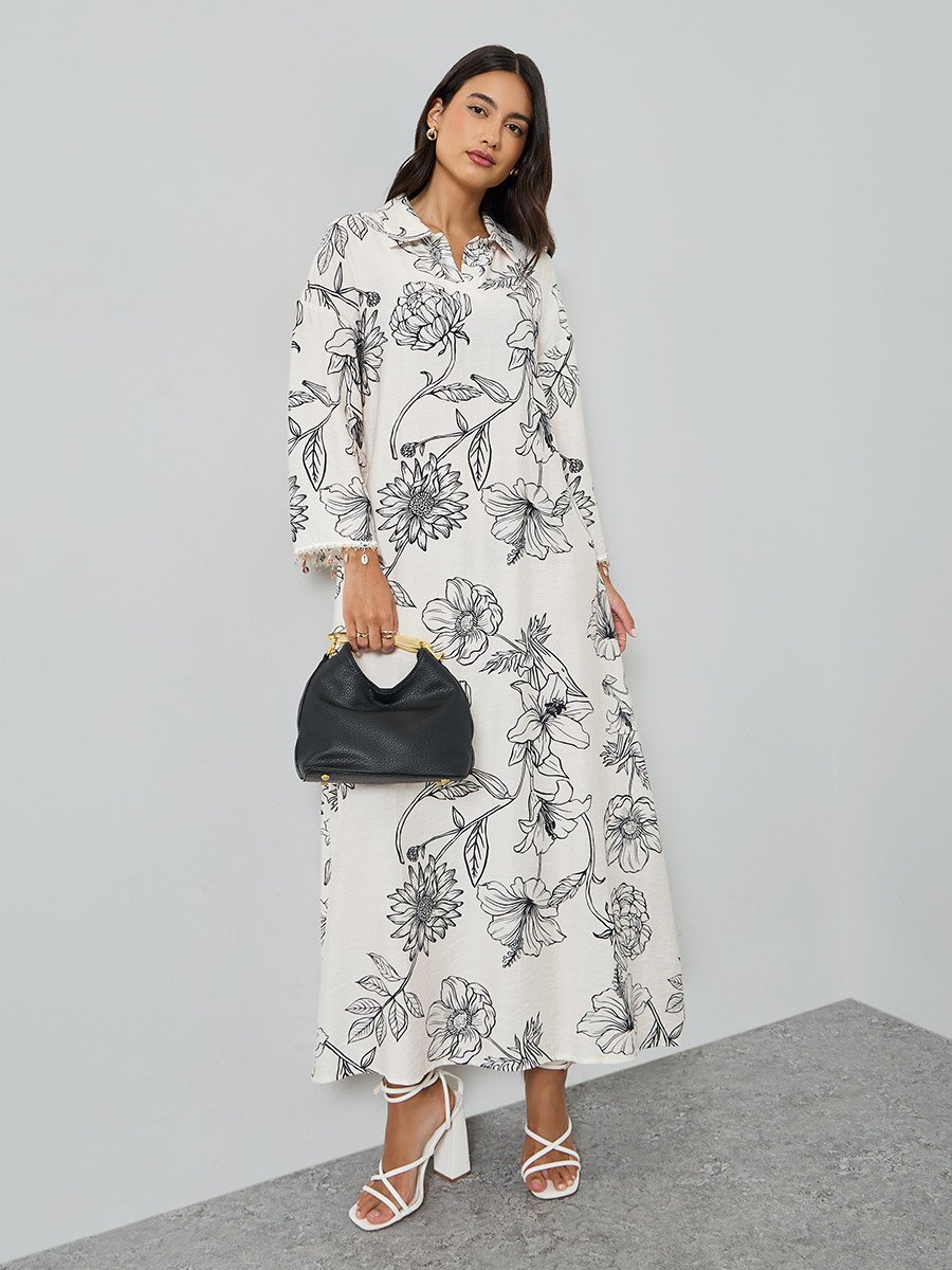 Floral Print Jalabiya with Round Drop Sleeve Trim