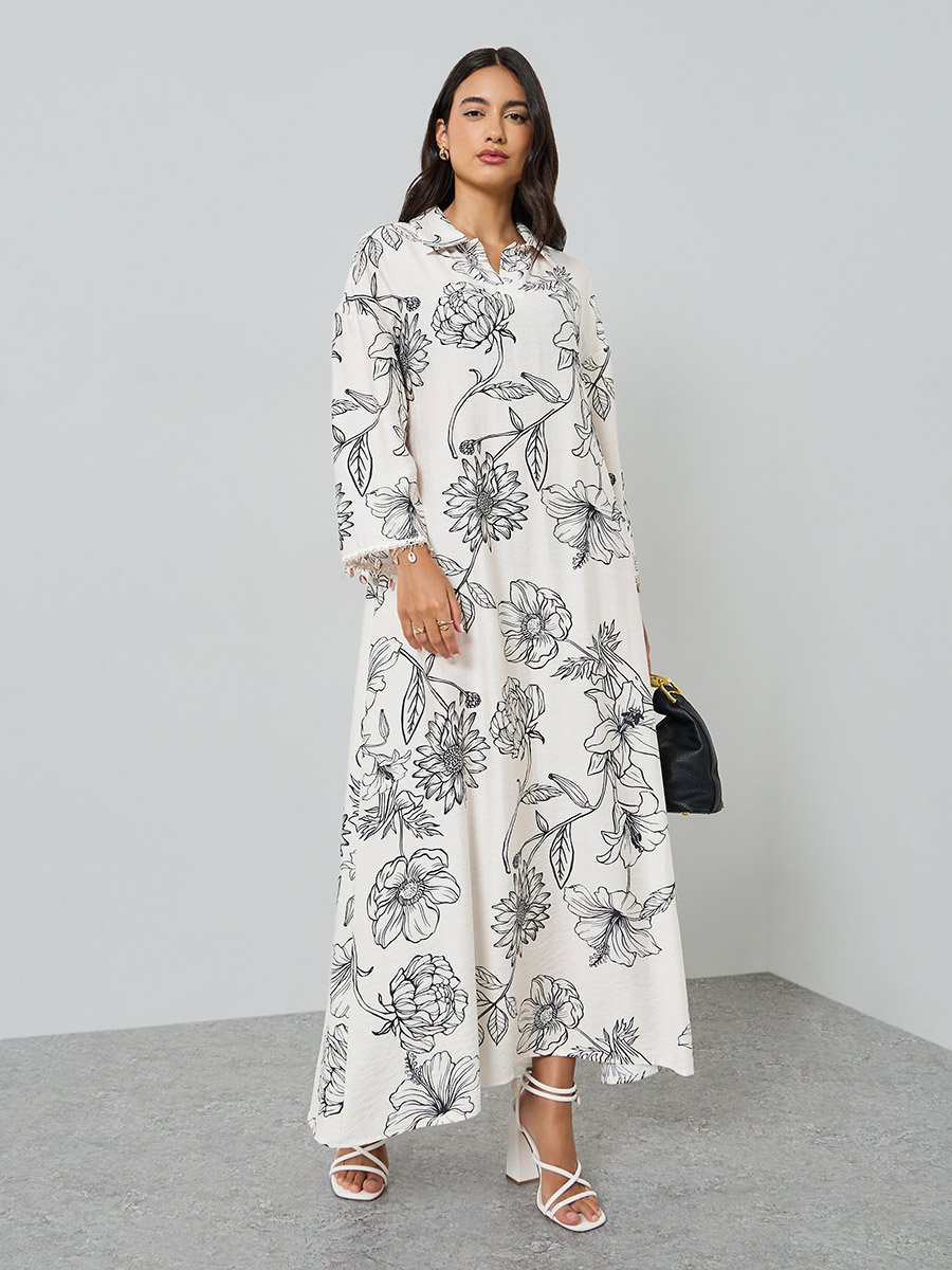 Floral Print Jalabiya with Round Drop Sleeve Trim