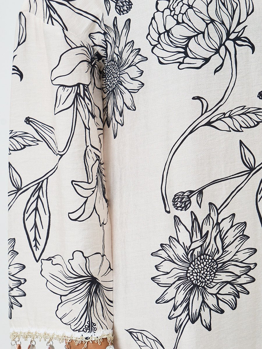 Floral Print Jalabiya with Round Drop Sleeve Trim