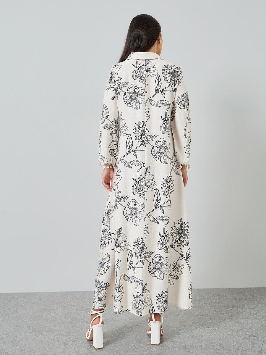 Floral Print Jalabiya with Round Drop Sleeve Trim
