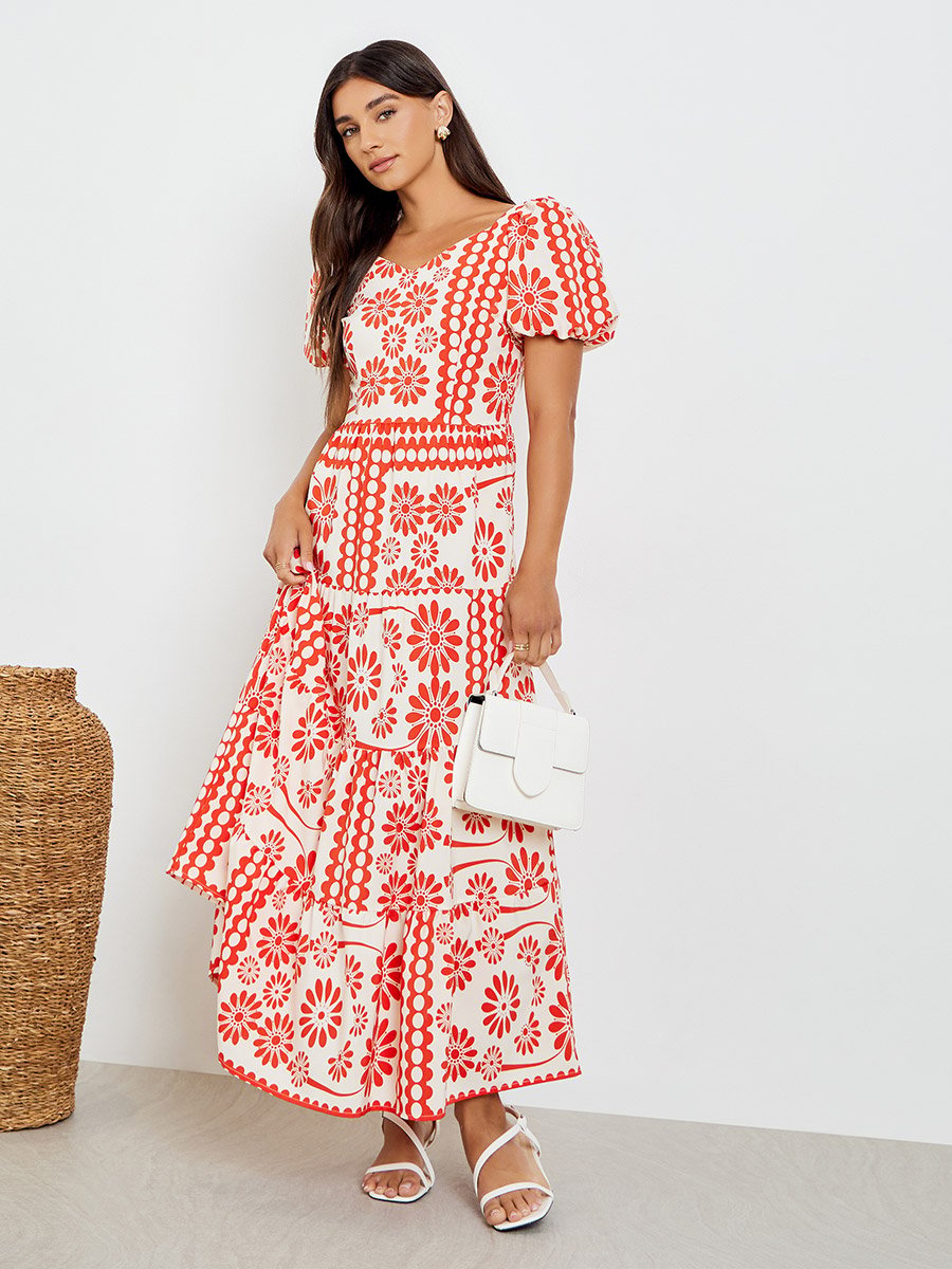 Red Floral Tiered Maxi Dress