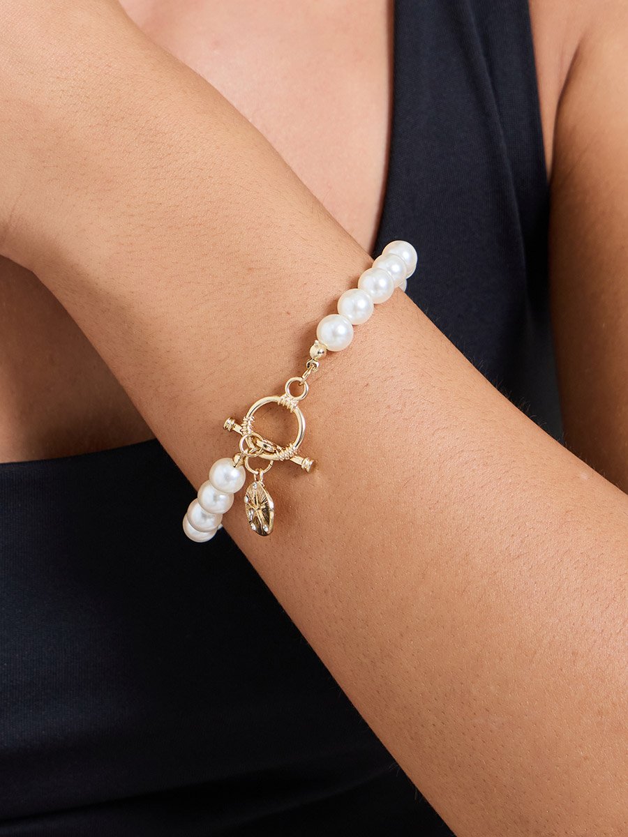 White Pearl Beaded Bracelet with Gold Charm