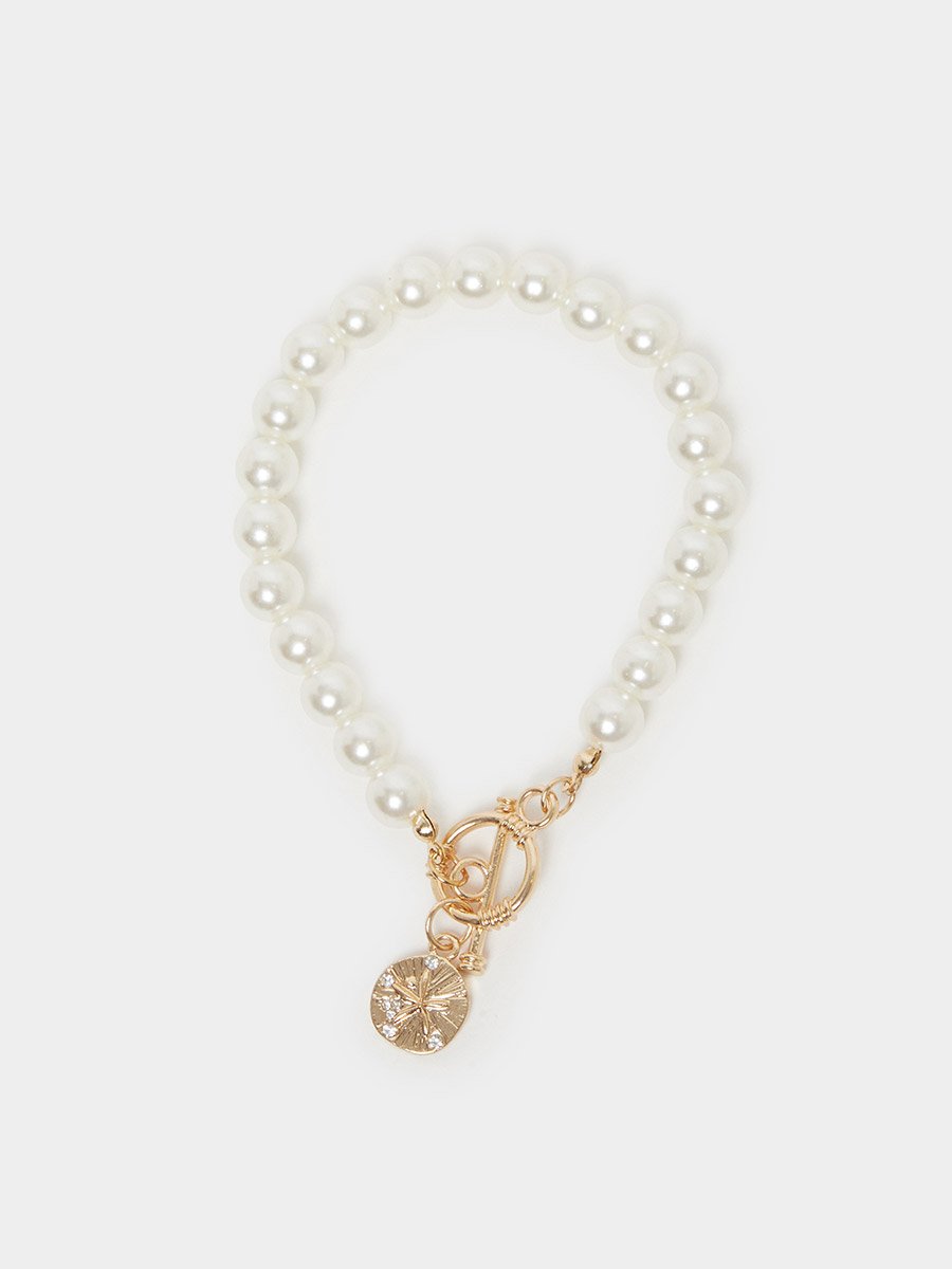 White Pearl Beaded Bracelet with Gold Charm