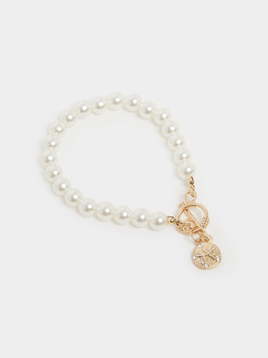 White Pearl Beaded Bracelet with Gold Charm