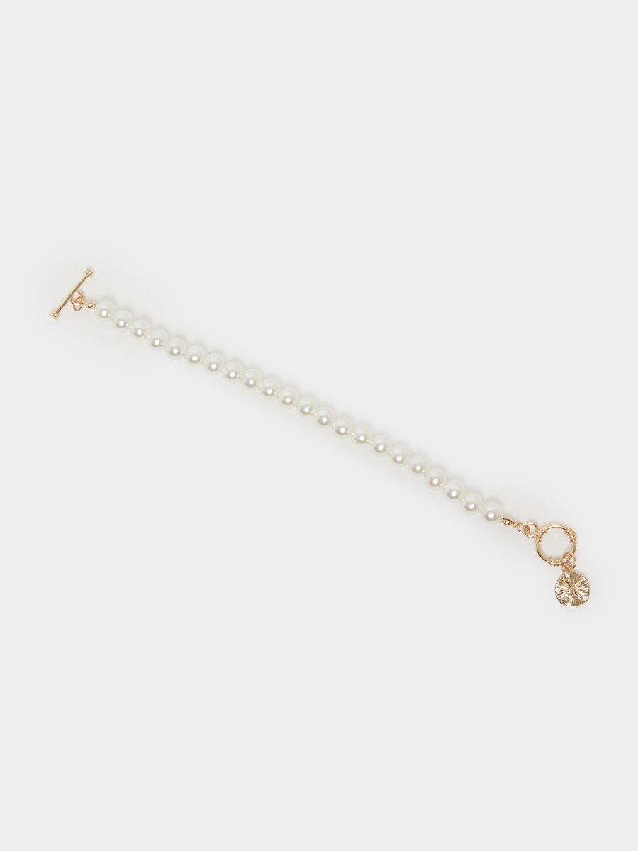 White Pearl Beaded Bracelet with Gold Charm