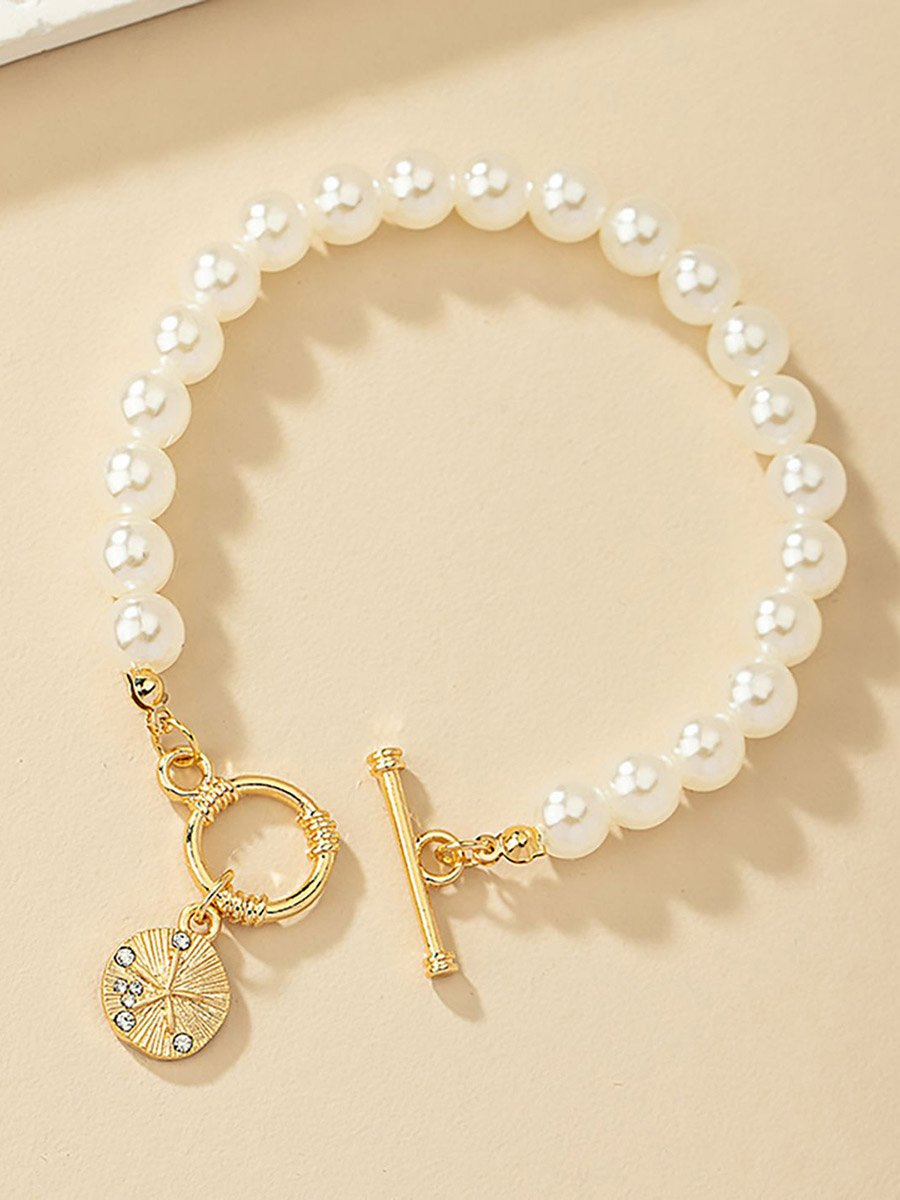 White Pearl Beaded Bracelet with Gold Charm