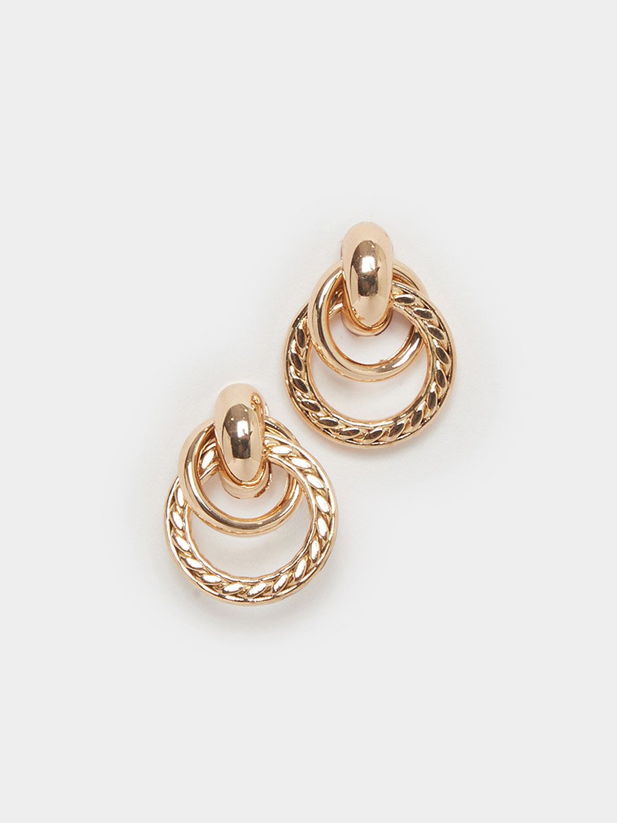 Gold Double Circle Drop Earrings