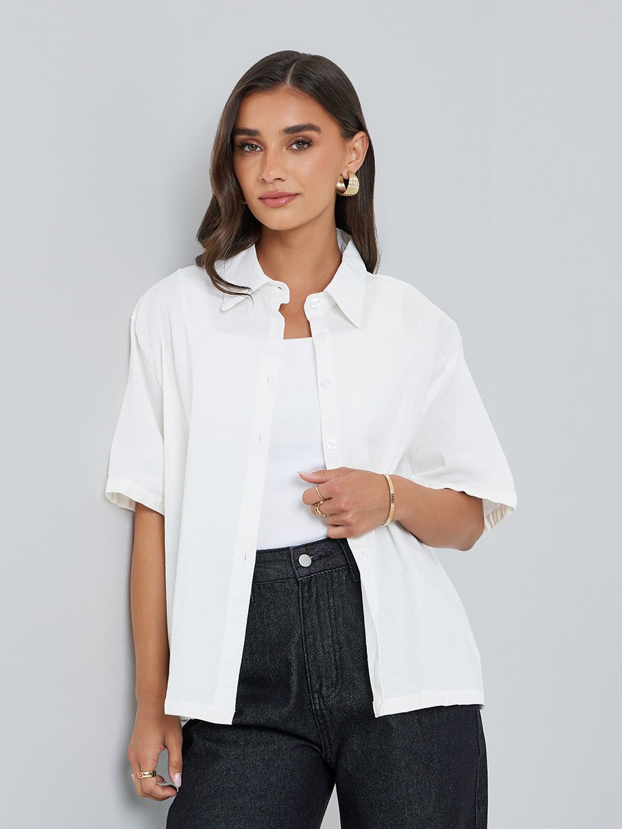 Women White Solid Oversize Short Sleeve Shirt