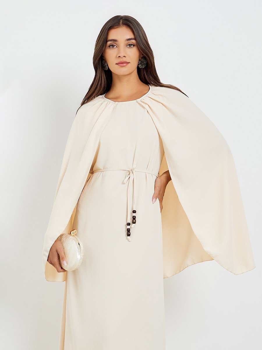 Beige Sleeveless Maxi Dress with Cape Detail