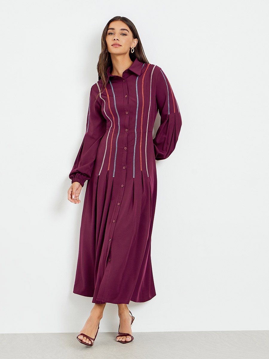 Women Burgundy Fold-Pleated Maxi Dress