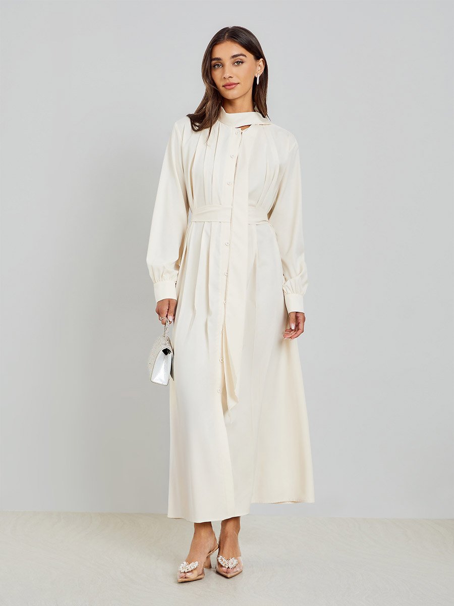 Beige Fold Pleat Maxi Dress with Tie Detail