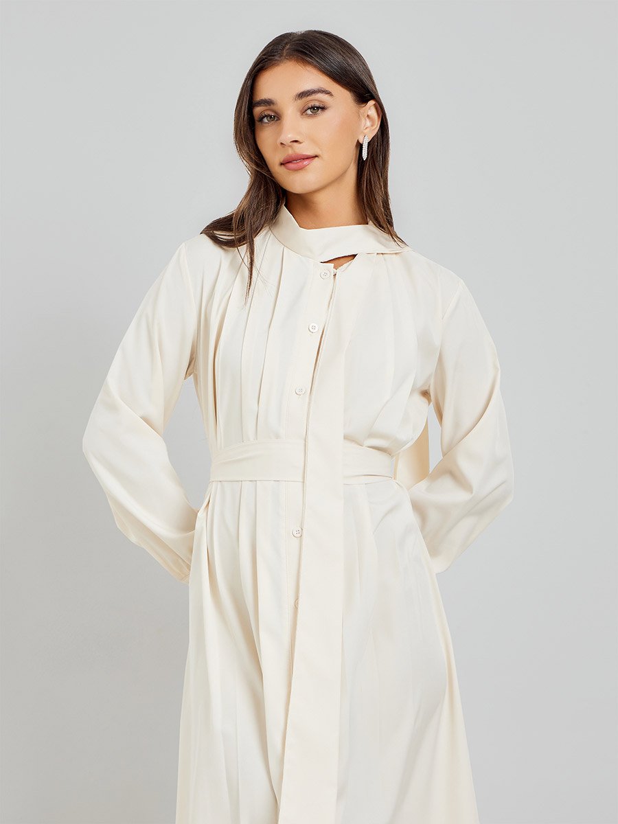 Beige Fold Pleat Maxi Dress with Tie Detail