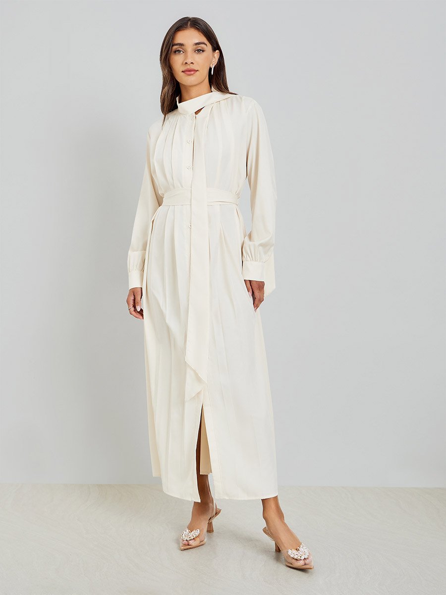 Beige Fold Pleat Maxi Dress with Tie Detail