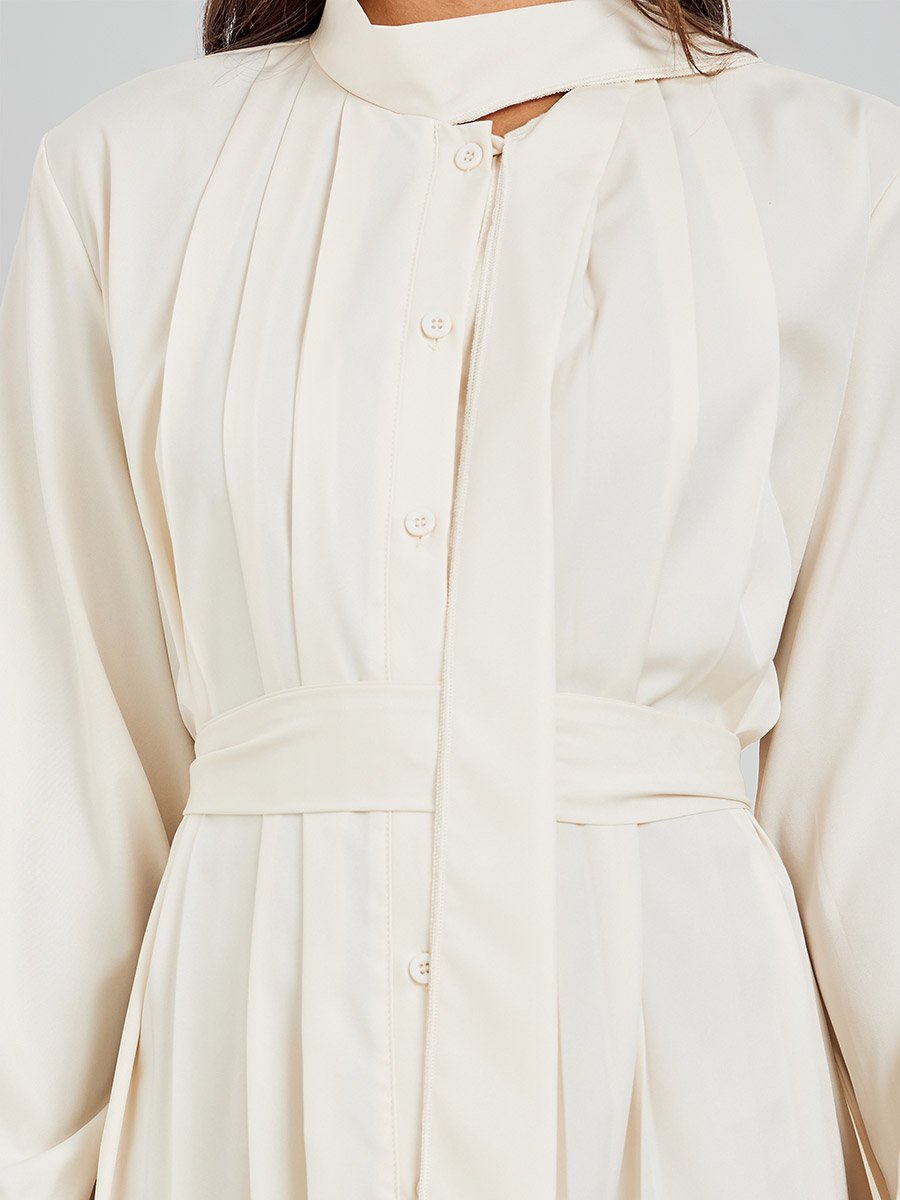 Beige Fold Pleat Maxi Dress with Tie Detail